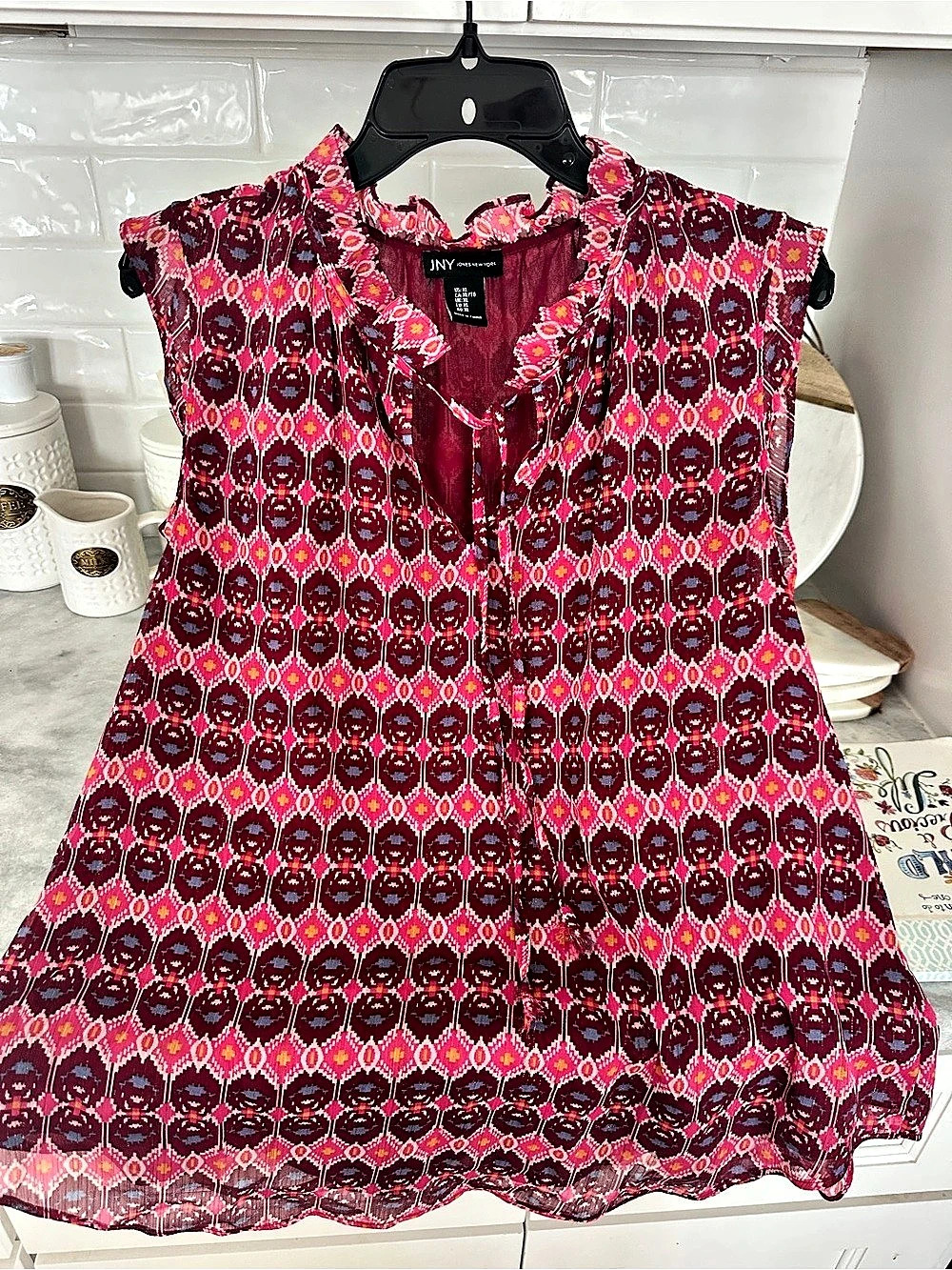 Jones NY Collection Geometric Ruffle Blouse in Pink & Purple